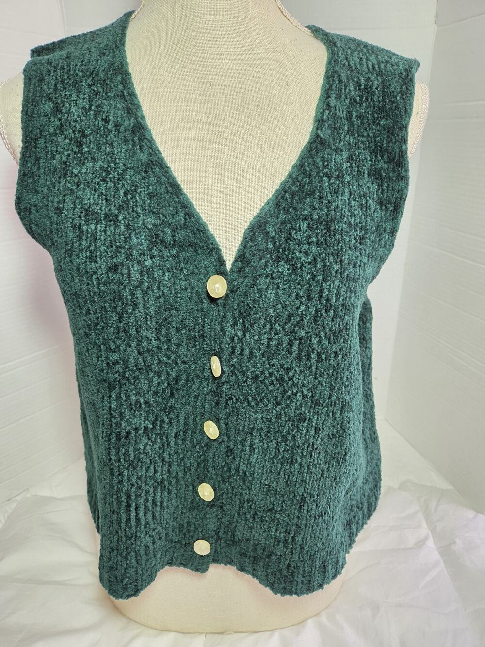 Vtg 90's Boho Green Sage Sz M Knit Cotton V-Neck Top Vest Open Stitch Whimsigoth